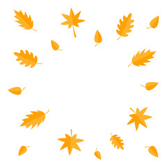 Autumn leaves frame. Yellow orange flying leaf set. Oak, maple, birch, rowan. Wind moving objects. Template for decoration. White background. Isolated. Flat design.