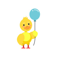 Funny little yellow duckling standing with blue air balloon cartoon character vector illustration