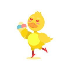 Funny little yellow duckling enjoying ice cream cartoon character vector illustration