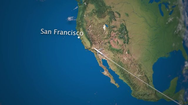 Route of commercial airplane flying from Rio de Janeiro to San Francisco on the Earth globe. International trip intro animation
