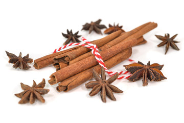 Star anise and cinnamon on white background - isolated