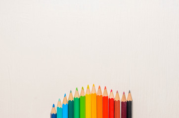 Color pencils on white background, top view