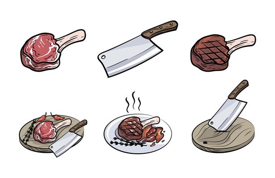 meat on bone, knife and spices. set of vector sketches on white