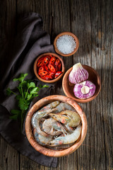 Preparation for homemade and fresh shrimp on wooden bowl