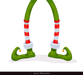 Legs Christmas Elf in green shoes with bells, in striped stockings and in short red breeches. Humorous xmas collection. Creative festive background. Vector
