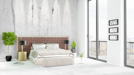 Brand new white loft bedroom minimal style interior design with copyspace wall and view out of window. 3D Rendering.