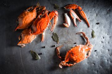 Preparation for fresh crab with allspice and bay leaf - obrazy, fototapety, plakaty