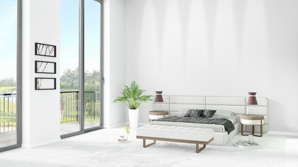 Brand new white loft bedroom minimal style interior design with copyspace wall and view out of window. 3D Rendering.