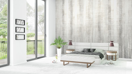Brand new white loft bedroom minimal style interior design with copyspace wall and view out of window. 3D Rendering.