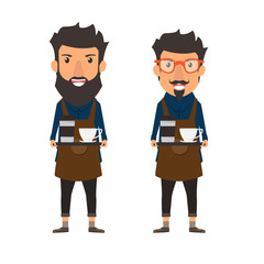 Hipster style. Barista holding a coffee on a tray in cafe shop. Cartoon character vector illustration.