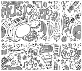 music doodles sketch vector ink seamless background pattern eps10