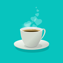 Coffee cup with love hearts as a smoke or steam, flat cartoon coffee mug isolated on color background