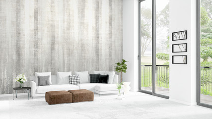 Brand new white loft bedroom minimal style interior design with copyspace wall and view out of window. 3D Rendering.