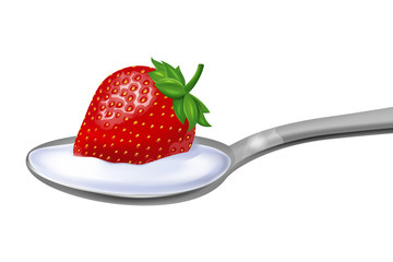 Spoon with yogurt and a strawberry. Vector illustration.