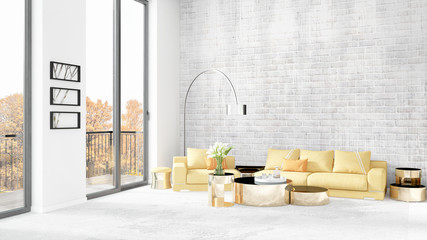 Brand new white loft bedroom minimal style interior design with copyspace wall and view out of window. 3D Rendering.