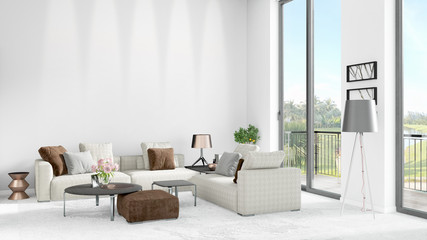 Brand new white loft bedroom minimal style interior design with copyspace wall and view out of window. 3D Rendering.