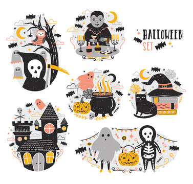 Bundle of Halloween scenes with funny and spooky cartoon characters - vampire, ghost, skeleton, grim reaper, pumpkin lantern, bats. Creepy and frightening fairytale. Festive vector illustration.