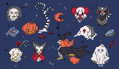 Big set of spooky Halloween cartoon characters hand drawn in doodle style - evil clown, puppet, witch flying on broom, vampire Jack-o -lantern, vampire, ghost. Holiday colorful vector illustration.