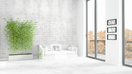 Brand new white loft bedroom minimal style interior design with copyspace wall and view out of window. 3D Rendering.