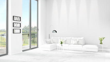 Brand new white loft bedroom minimal style interior design with copyspace wall and view out of window. 3D Rendering.