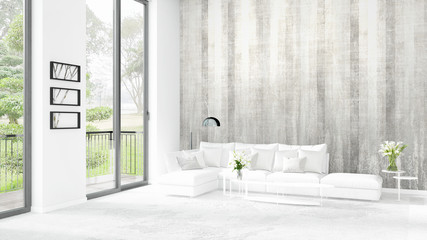 Brand new white loft bedroom minimal style interior design with copyspace wall and view out of window. 3D Rendering.