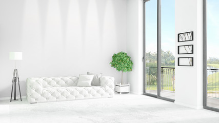 Naklejka na ściany i meble Brand new white loft bedroom minimal style interior design with copyspace wall and view out of window. 3D Rendering.