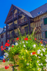 Houses with flowers in towns of the pyrenees in huesca, Spain