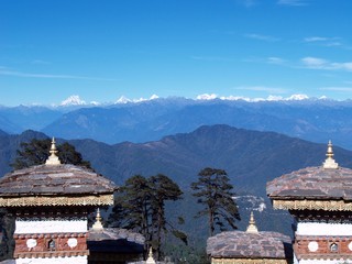 Chortens at Dochlu Pass, Bhutan with Himalaya in the background