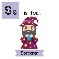 Cute children ABC alphabet S letter tracing flashcard of Sorcerer for kids learning English vocabulary in Happy Halloween Day theme. Vector illustration.