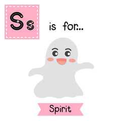 Cute children ABC alphabet S letter tracing flashcard of Spirit for kids learning English vocabulary in Happy Halloween Day theme. Vector illustration.