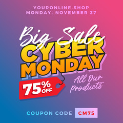 Fototapeta na wymiar Cyber Monday Super Sale. Up to 75% off Big Sale Sidebar Banner, Poster, Sticker, Badge Advertising Promotion with Price Tag Label Element & Voucher Coupon Gift Code. Fresh Gradient Background Color
