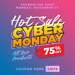 Cyber Monday Super Sale. Up to 75% off Big Sale Sidebar Banner, Poster, Sticker, Badge Advertising Promotion with Price Tag Label Element & Voucher Coupon Gift Code. Fresh Gradient Background Color