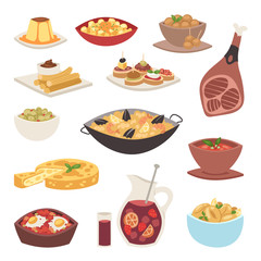 Spain cuisine cookery traditional food dish recipe spanish snack tapas crusty bread gastronomy vector illustration.