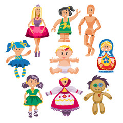 Different dolls toy character game dress and farm scarecrow rag-doll vector illustration