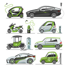 Electric car with solar panels eco electro transport vector illustration automobile socket electrical car battery charger.