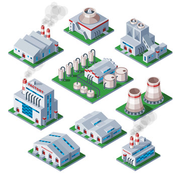 Isometric 3d factory building industrial element warehouse architecture house vector illustration