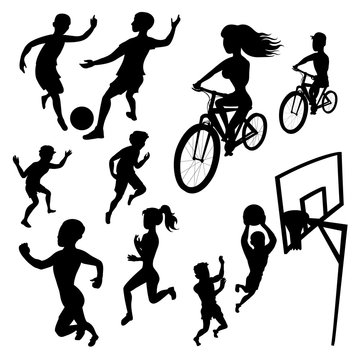 Silhouette athletes vector isolated images on a white background. Set of people involved in different kinds sports - football, running, cycling, basketball. Active rest, fitness and healthy lifestyle.
