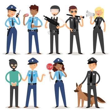 Policeman characters funny cartoon man pilice person uniform cop standing people security vector illustration.