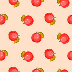Bright ripe peach fruit seamless vector pattern. Light orange pastel backround.
