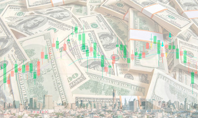 The conceptual multi exposure image of investment, financial and real estate market with dollar, stock chart and building as represented symbols. The background image for investment market