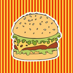 Burger on a striped background. Vector illustration. Hand drawing