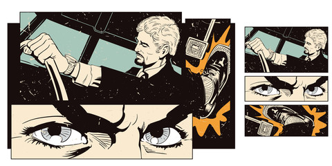 Collage on theme transport and road. Man at the wheel of car. © Alexandr Sidorov