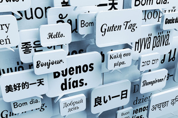 3D illustration of speech bubbles saying hello or good day in many different languages such as Chinese, Japanese, Russian, Hebrew, Portuguese, German, French, Italian, Spanish, Danish, Thai and more. © Carsten Reisinger