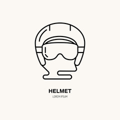 Vector thin line icon of ski helmet. Winter recreation equipment rent logo. Outline symbol of snowboard googles. Cold season activities sign.