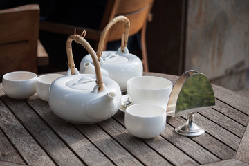 Moscow, Russia, - September 21, 2017: Tea service on the table. Cafe on the street on White Square, Moscow. Image with GPS tags.