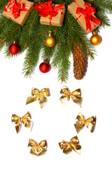 Christmas background. Top view with copy space. fir tree with cone isolated on white background