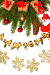 Christmas background. Top view with copy space. fir tree with cone isolated on white background