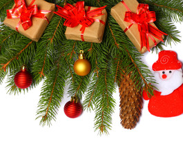 Fototapeta na wymiar Christmas background. Top view with copy space. fir tree with cone isolated on white background