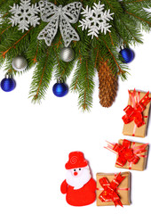 Christmas background. Top view with copy space. fir tree with cone isolated on white background