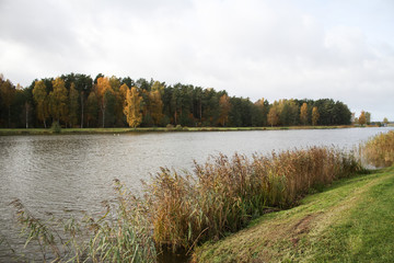 Fototapeta na wymiar Countryside view of small river pond near small city in autumn, Latvia.